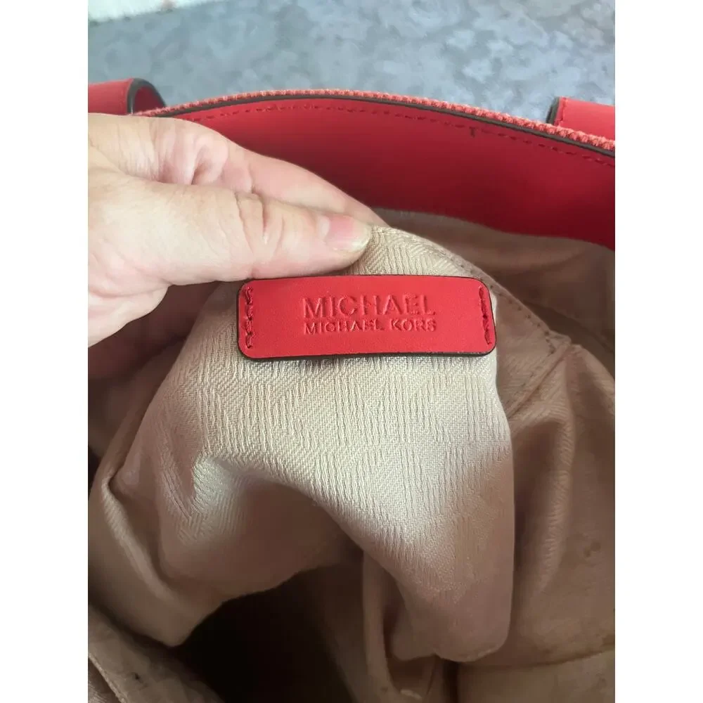 Michael Kors Red Woven Canvas Leather Tote Bag Gold MK Medallion Signature